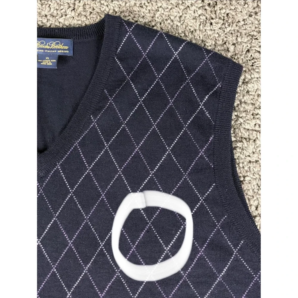 Brooks Brothers Mens XL Merino Wool Argyle Sweater Vest Navy Blue V-Neck